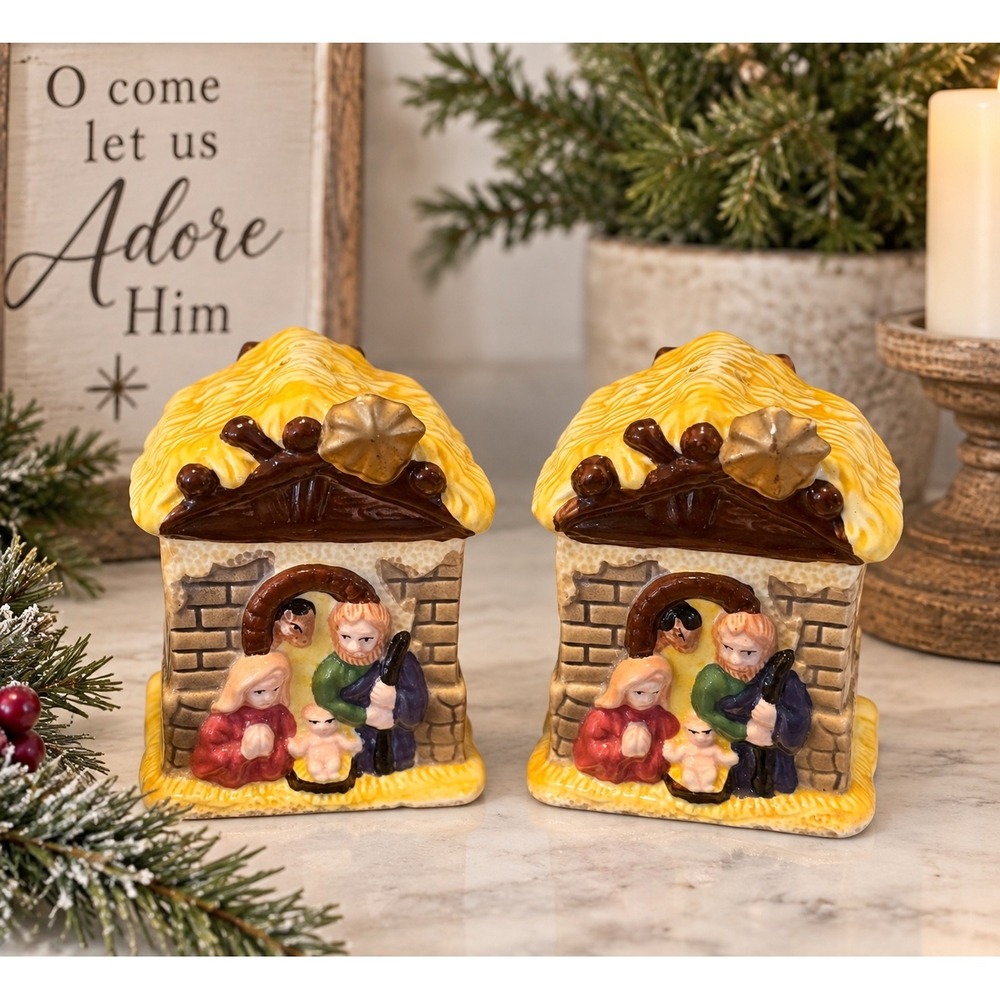 Vintage Nativity Scene Ceramic Salt and Pepper Shakers Christmas Decor Set